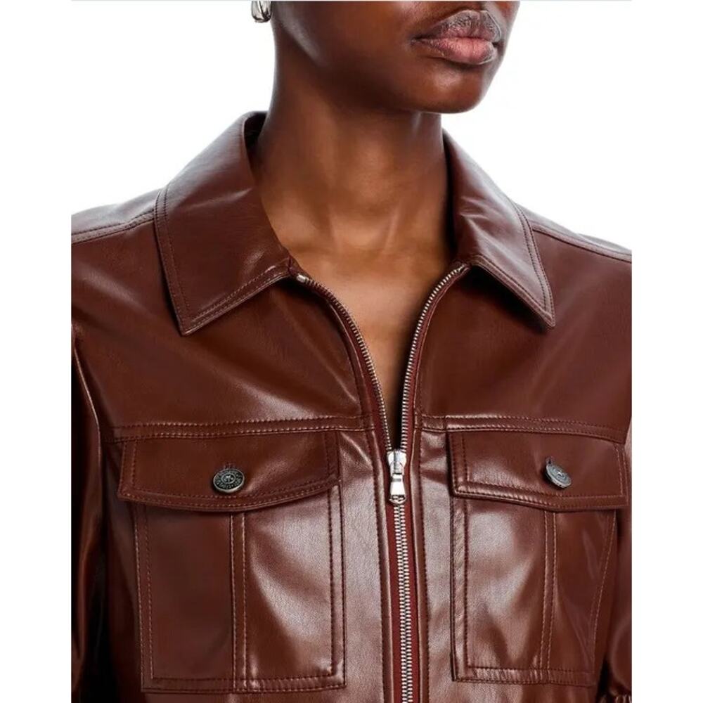 Cinq à Sept Women Espresso Vegan Leather Luxury Short Puff Sleeve Jacket Size M - Picture 4 of 10